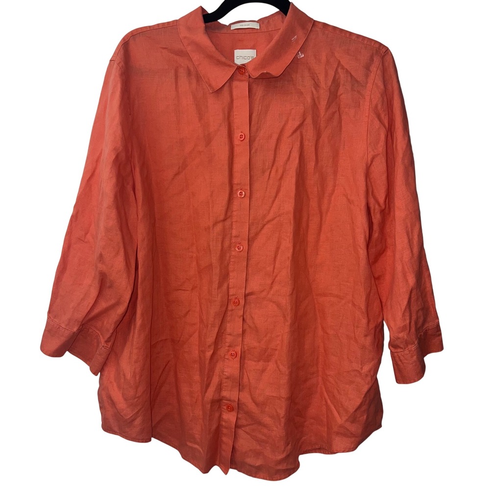 Chicos No-Iron 100% Linen Button Down Shirt Coral Orange Size 3 XL 3/4 Sleeve